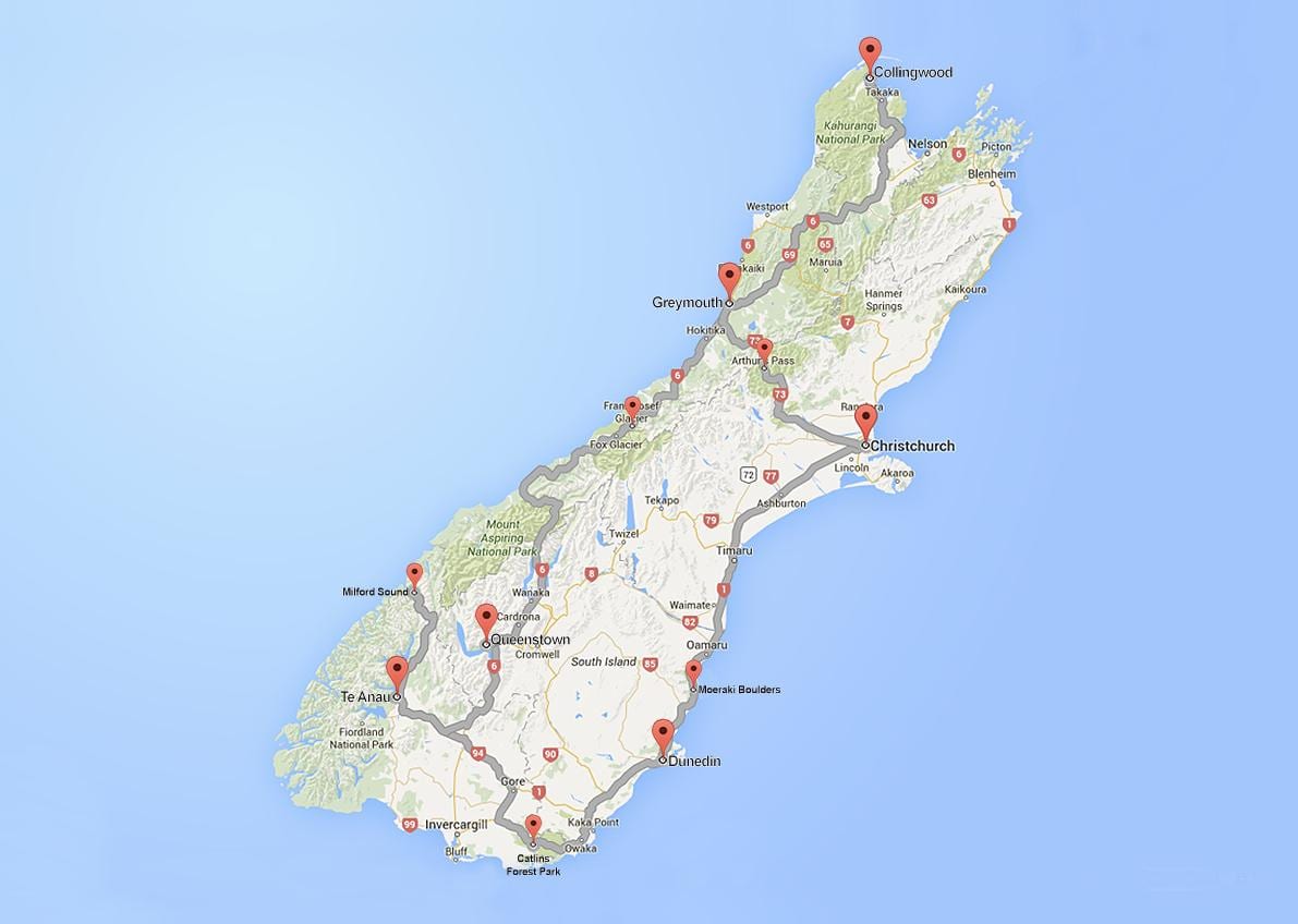đường chi tiết bản đồ của đảo phía nam new zealand