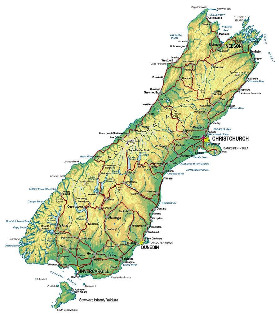 Bản đồ của new zealand phía nam đảo du lịch