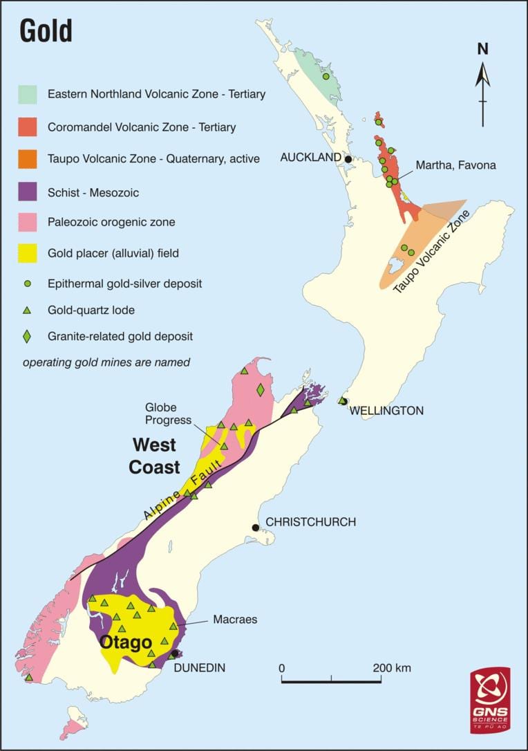 Bản đồ của vàng ở new zealand